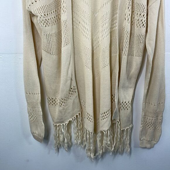 Wild Pearl Open Cardigan with fringe boho cotton crochet design Large cream - Picture 5 of 14